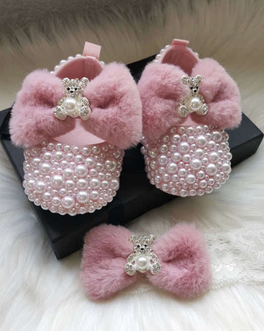 Baby bear pearl shoes & headband set