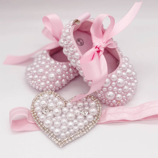 Pearly baby shoes and headband - pink